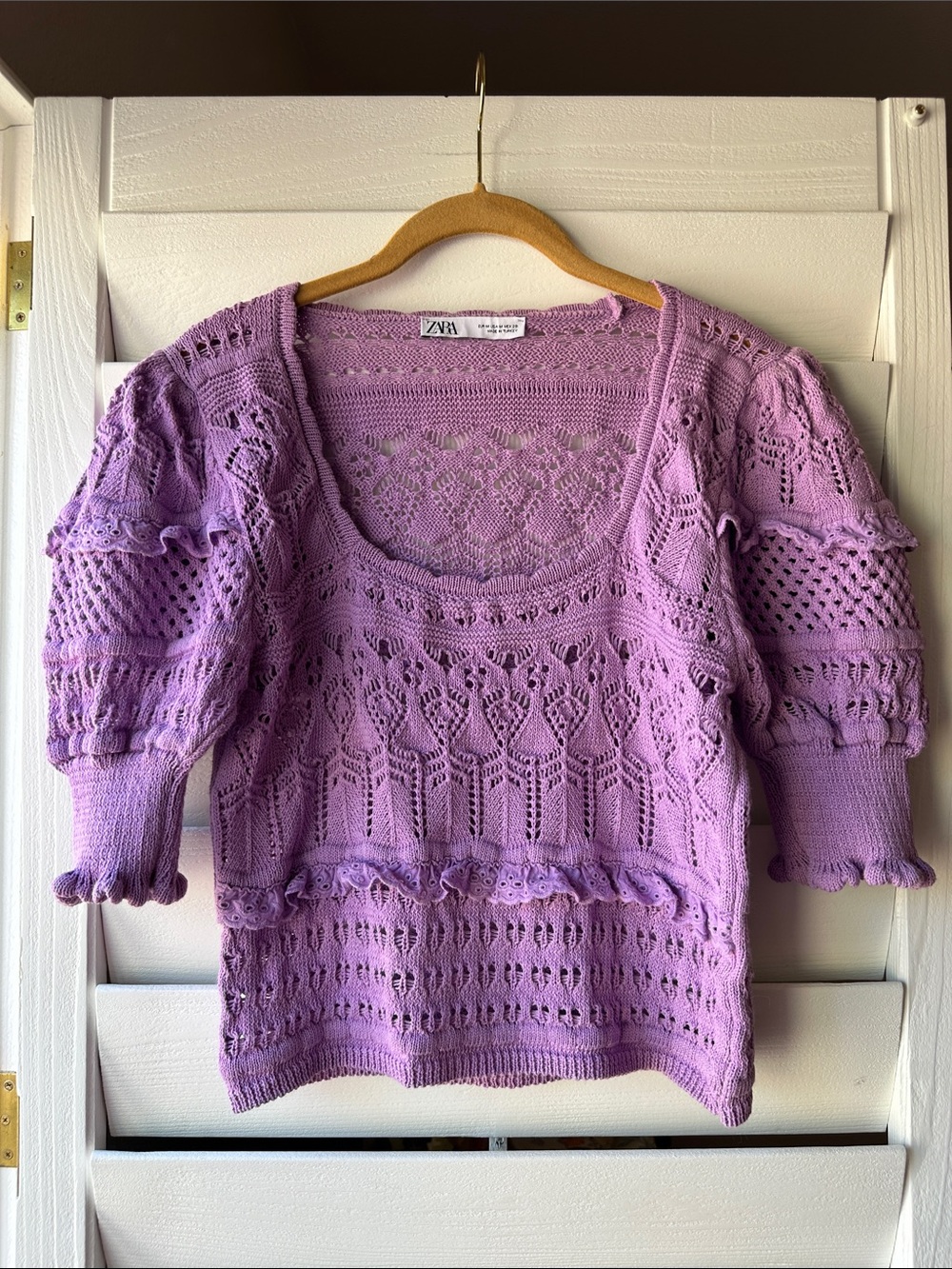 Zara Crochet Knit Lace Purple Cropped Sweater Short Sleeve Medium